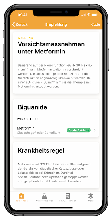 Screenshot der Seite Empfehlung von der App Swiss Diabetes Guide